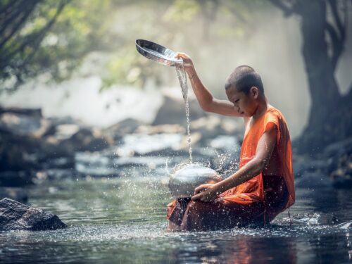 boy, monk, river