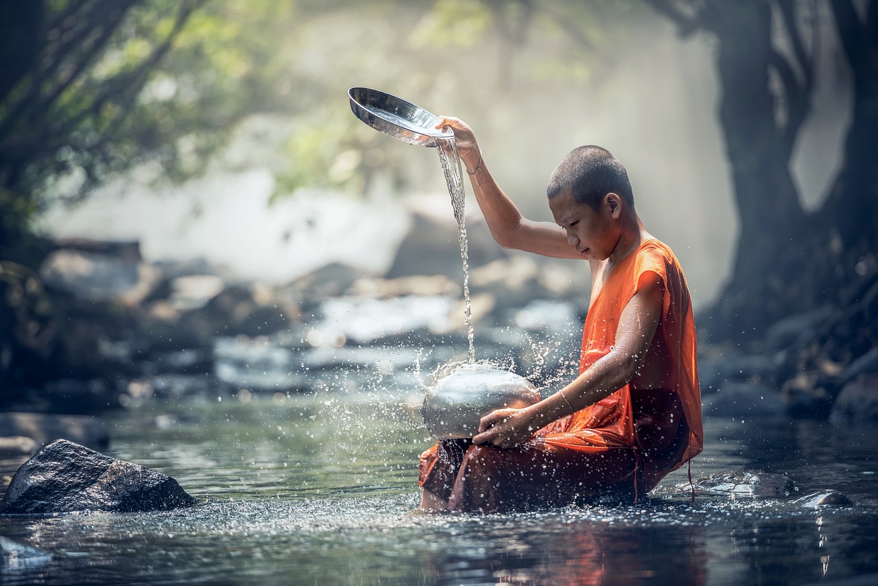 boy, monk, river