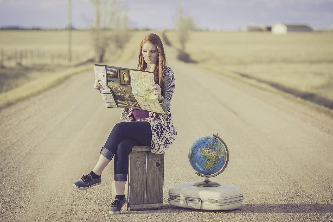 globe trotter, traveller, globe, map, journey, planning, waiting, female, woman, world, road, world map, dirt road, travel, traveling, outdoors, young woman, map, journey, travel, travel, travel, travel, travel, traveling