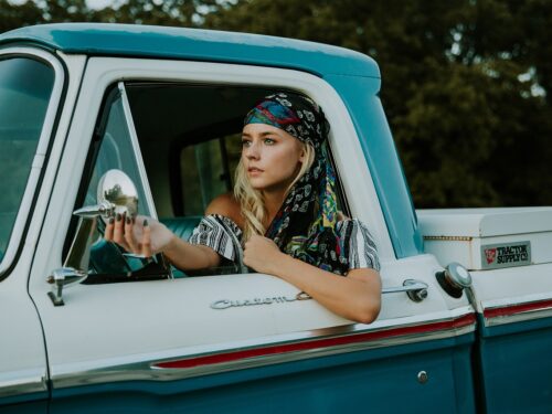 woman, truck, vehicle, driver, fashion, headscarf, female, model, outdoors, person, young, pickup truck, drive, truck, truck, truck, truck, truck, driver, driver, drive, drive