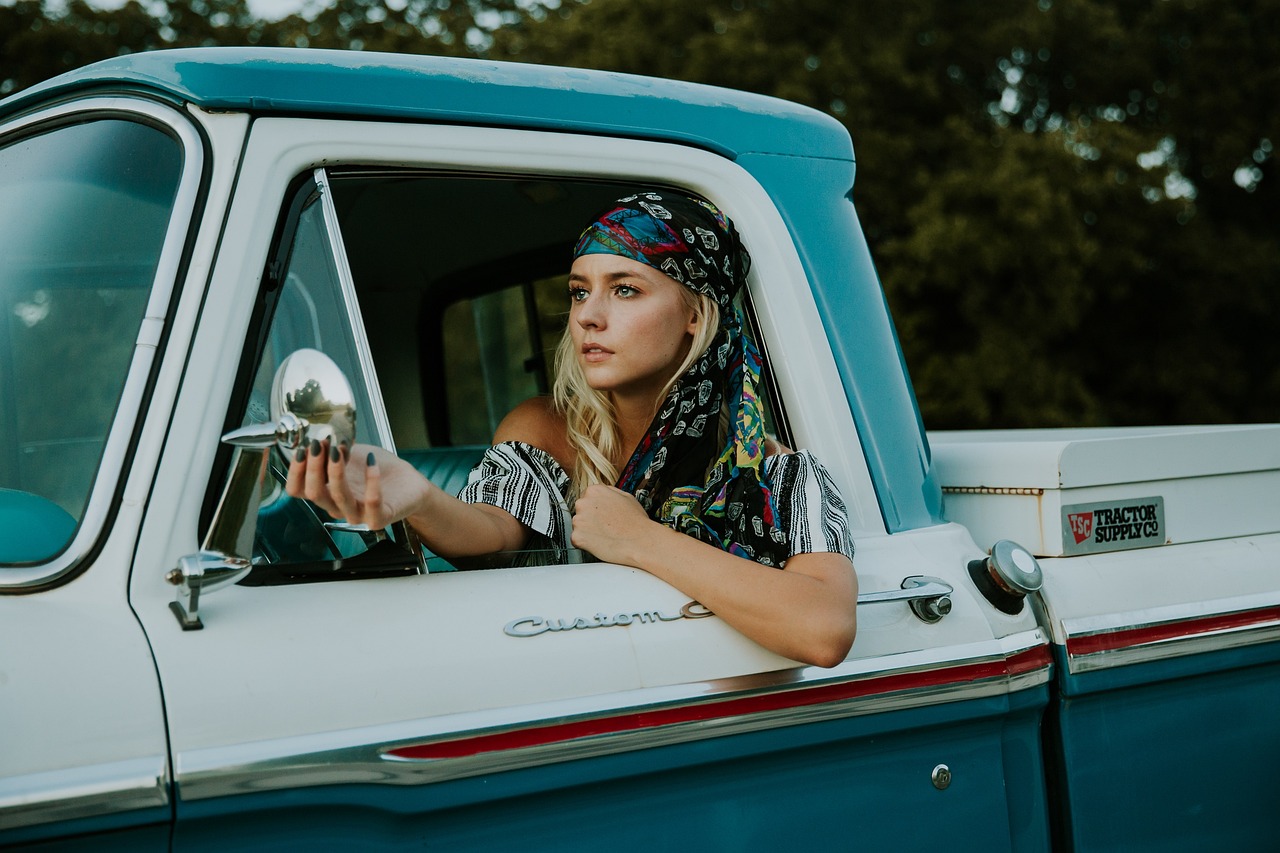 woman, truck, vehicle, driver, fashion, headscarf, female, model, outdoors, person, young, pickup truck, drive, truck, truck, truck, truck, truck, driver, driver, drive, drive