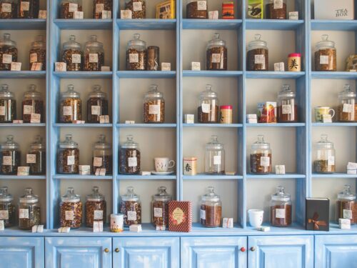 jars, herbs, shelves