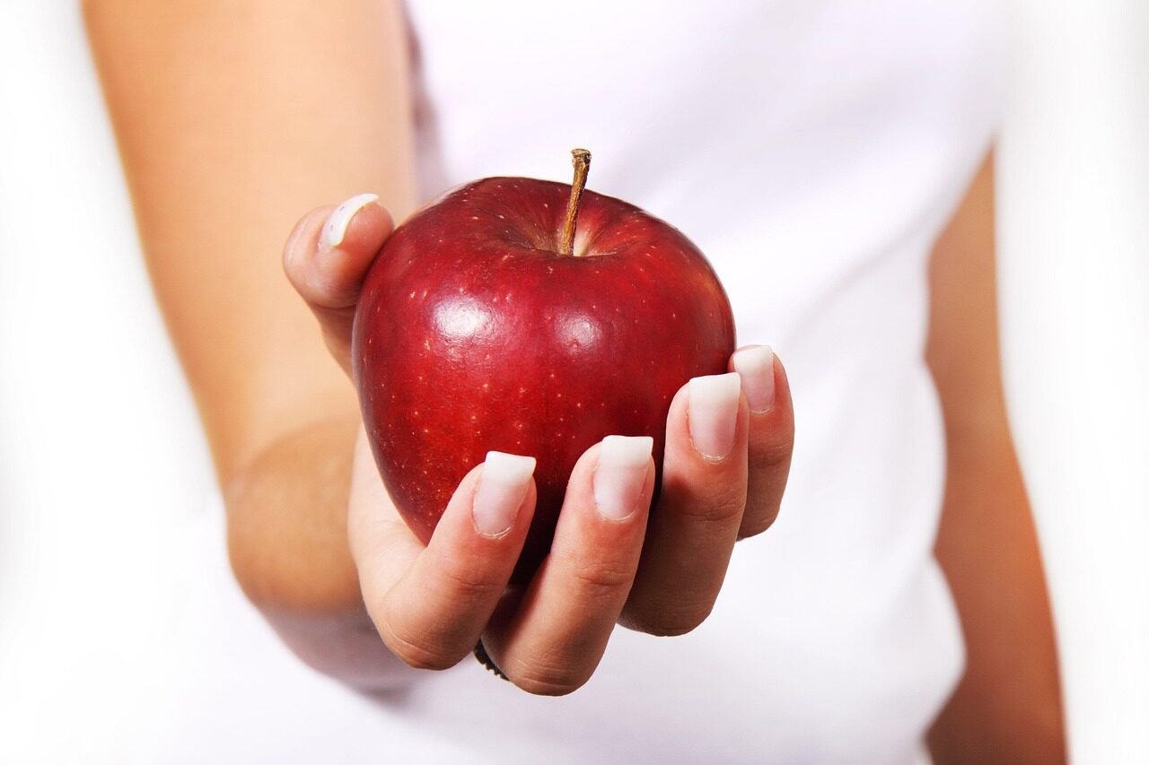 apple, diet, female, food, fresh, fruit, girl, hand, healthy, holding, palm, red, ripe, woman, red apple, ripe apple, fresh apple, apple, apple, apple, apple, apple, diet