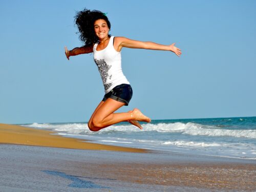 woman, beach, jump