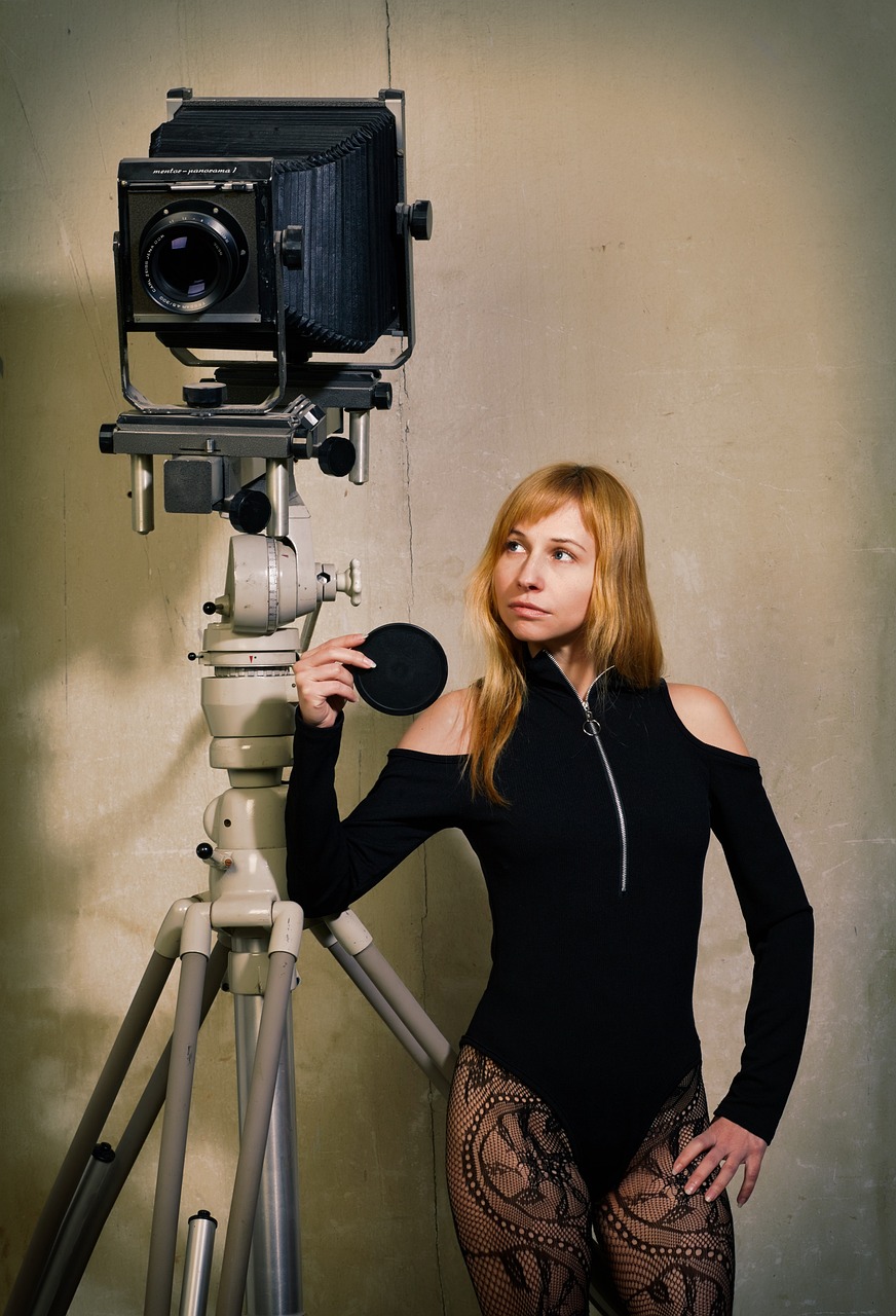 camera, photographic equipment, photographer, retro, vintage, tripod, young woman, director, shooting, movie, studio, creation, director, director, director, director, director