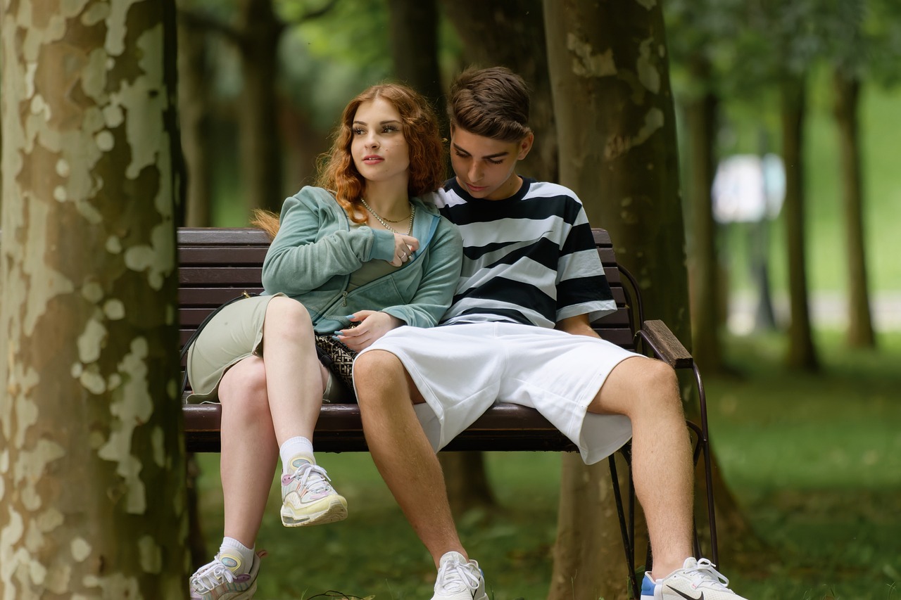 couple, park, young couple, forest, nature, sitting together, park bench, outdoors, portrait, couple, couple, couple, couple, couple, young couple