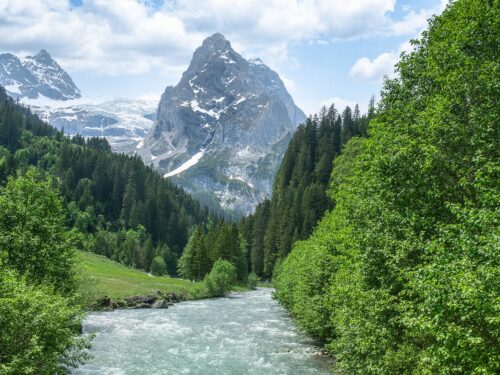 mountain, river, stream