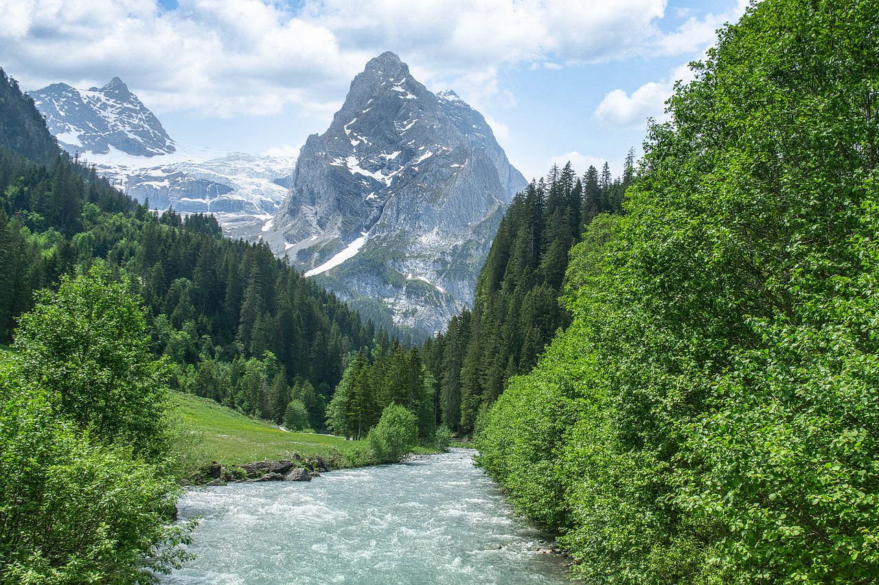 mountain, river, stream