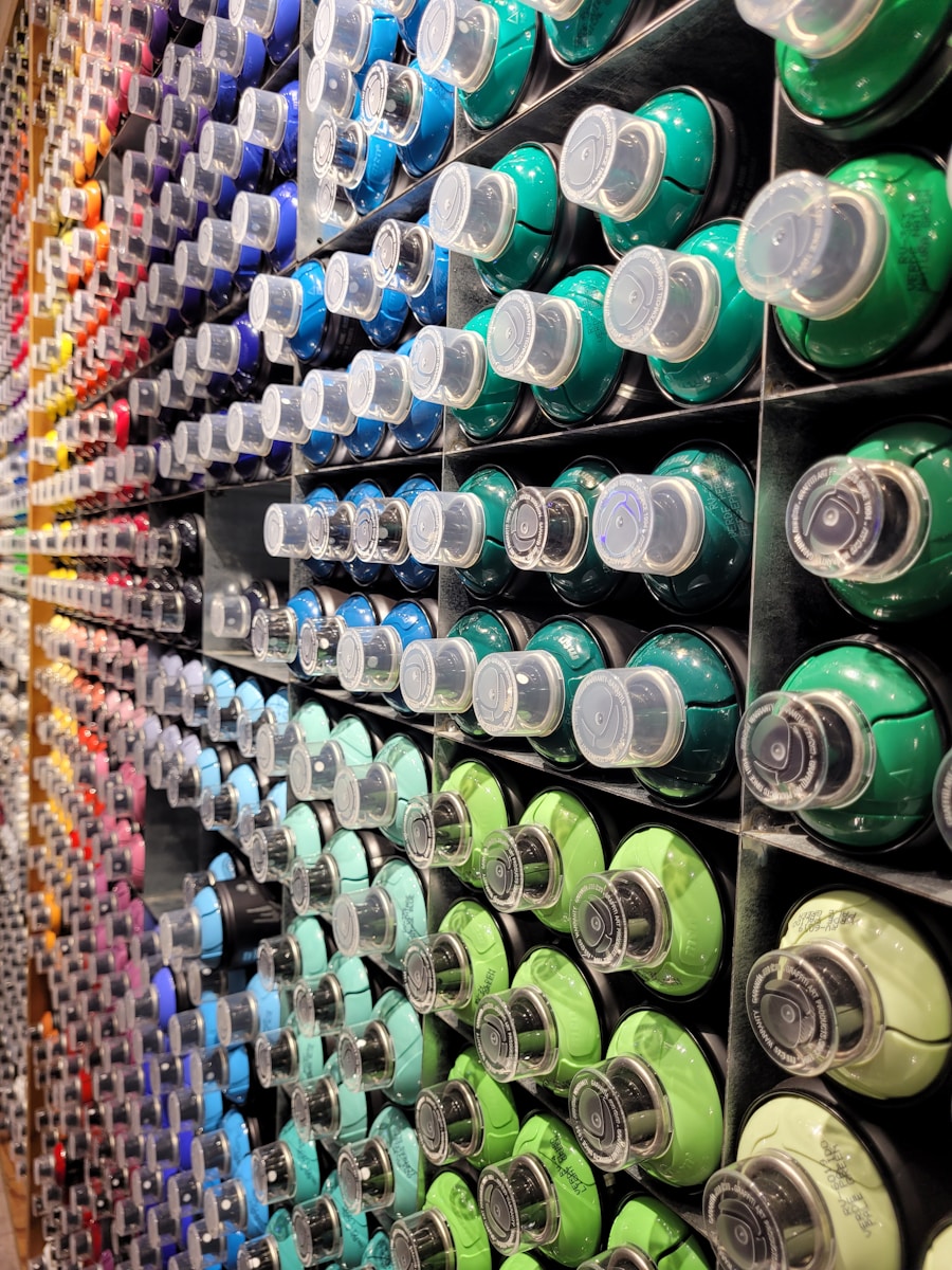 a display of different colors of toothpaste in a store