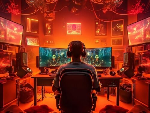 ai generated, game, play, gamer, gaming, painting, colorful, technology, computer, office, desk, table