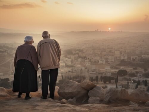ai generated, old couple, city, sunset, dusk, elderly couple, nature, grandparents, jerusalem, israel