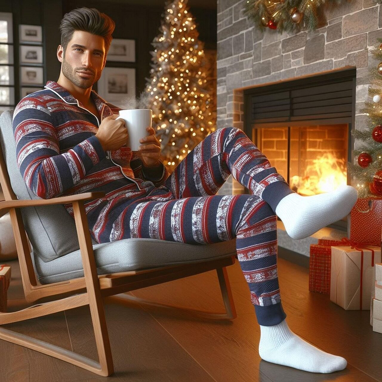 ai generated, man, christmas, living room, cozy, fireplace, sitting, home, festiveseasoncontest, winter