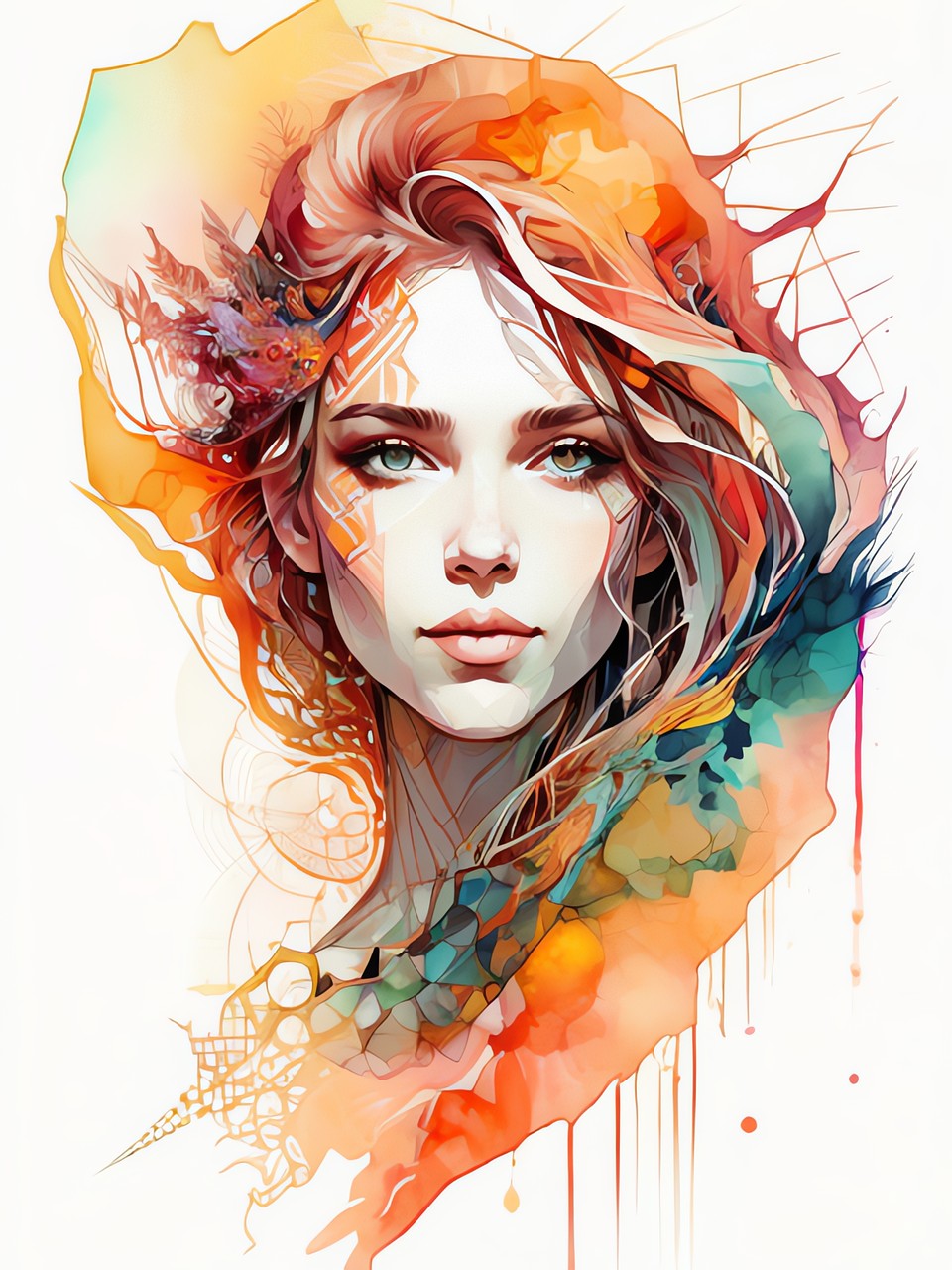 ai generated, woman, beauty, digital art, young, watercolor, digital painting, portrait, art, colorful, drawing