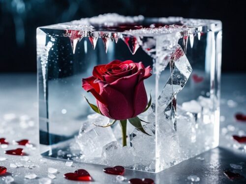 rose, ice cube, love, valentine's day, romance, frozen, winter, blossoms, ai generated