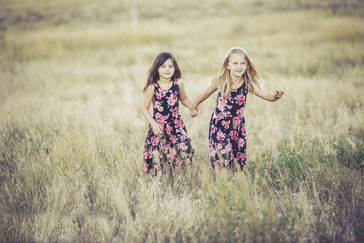 sisters, girls, field