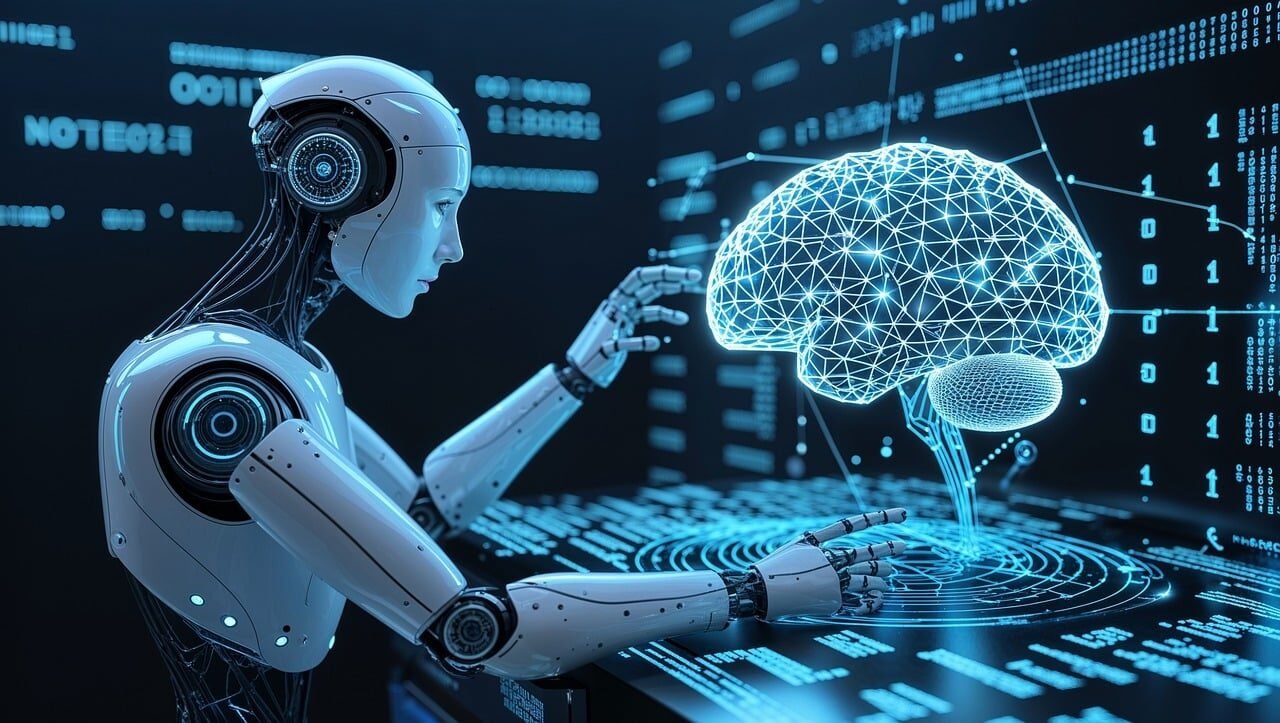 ai generated, robot, technology, automation, robotics, future, machine, modern, cyborg, artificial, 3d, science fiction, futuristic, artificial intelligence, brain, computer science, blue, black, neon