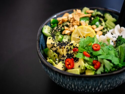 vegetable salad in gray bowl