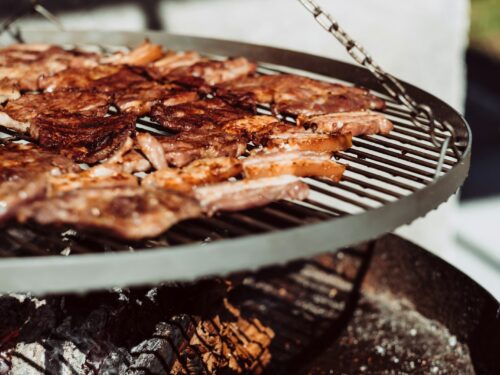 grilled meat on hanging grill basket