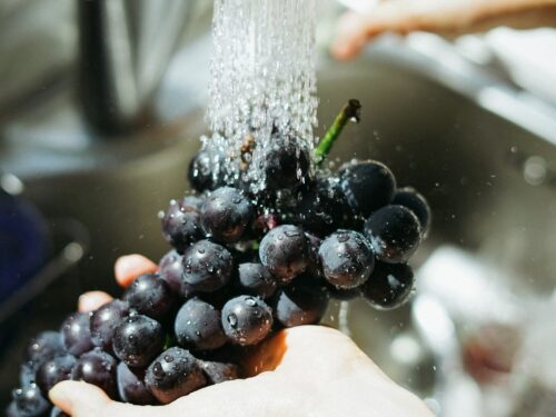 person washing purple grapes