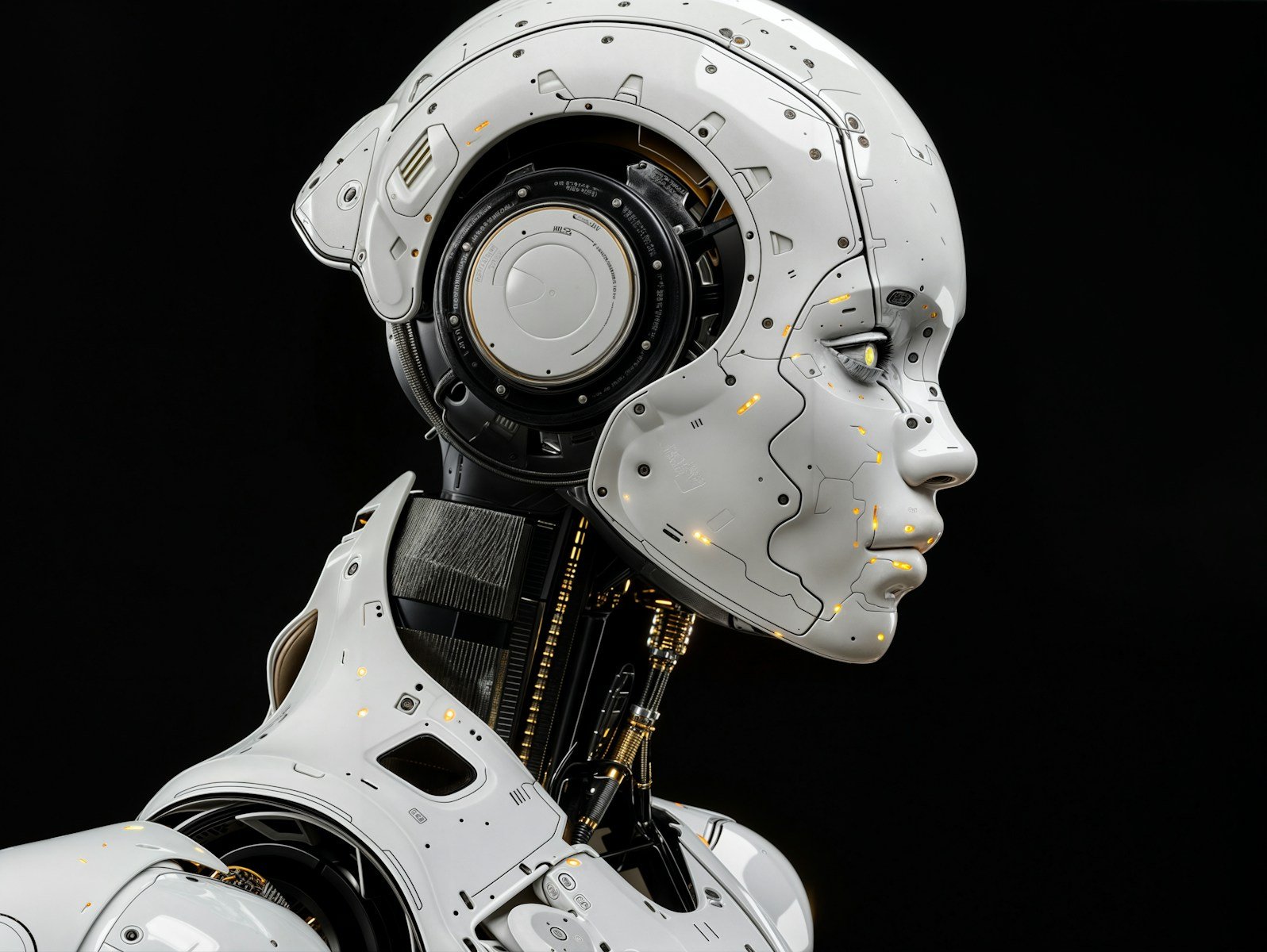 A white robot is standing in front of a black background