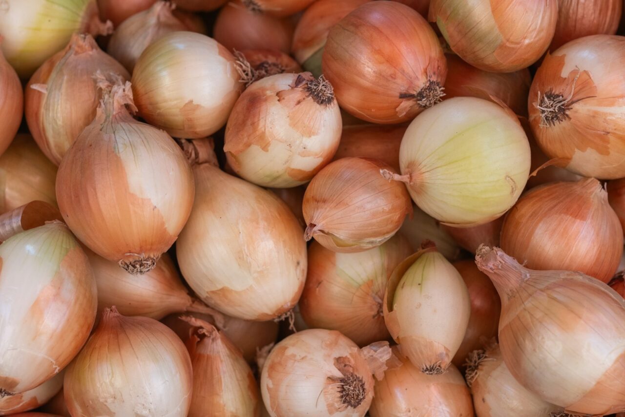 A pile of onions sitting next to each other