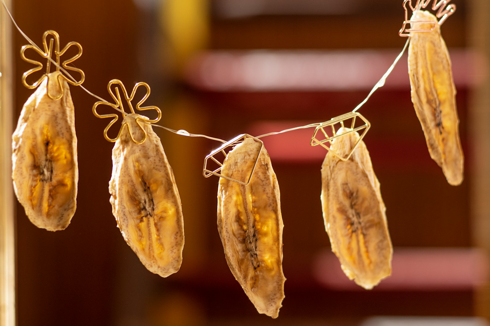 a string of dried bananas hanging from a line