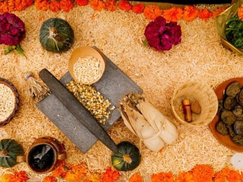 An overhead view of a variety of food items