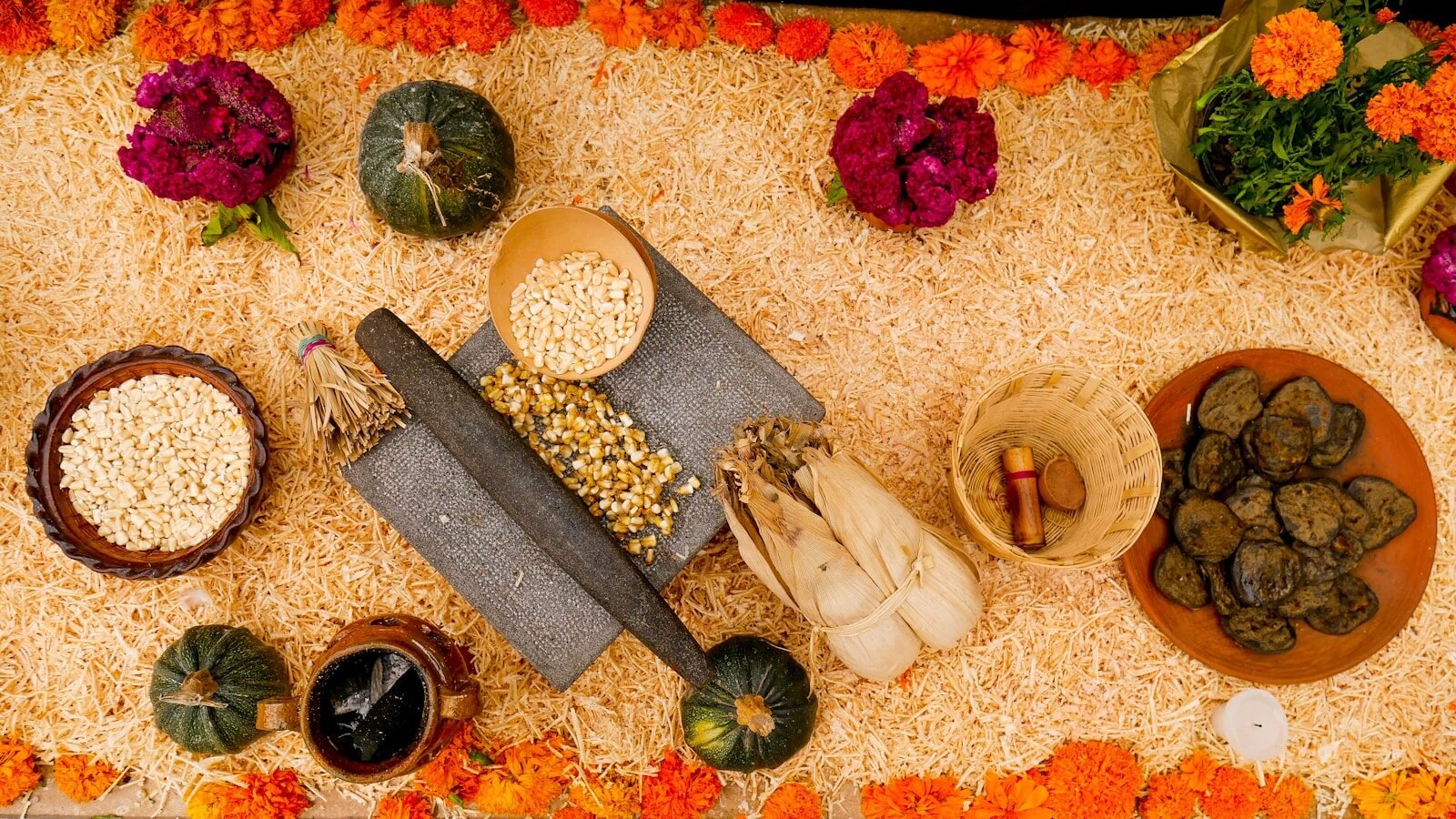 An overhead view of a variety of food items