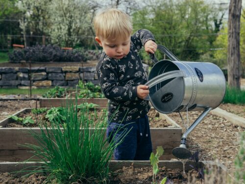 boy in black and white long sleeve shirt standing beside gray metal watering can during daytime