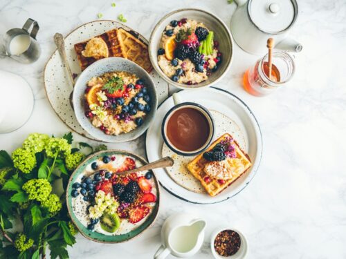 fruit salad on gray bowls