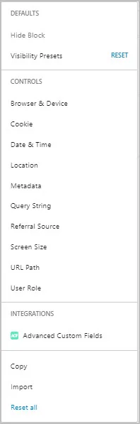 iššokančiajame lange rodomas rodymo sąlygų tipų bloko matomumo sąrašas