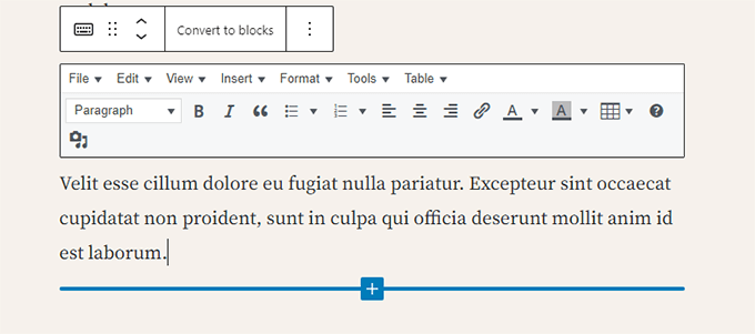 Klasikinis redaktoriaus blokas išplėstiniuose redaktoriaus įrankiuose