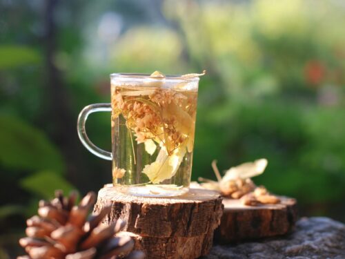 clear glass mug with yellow liquid on brown wooden log