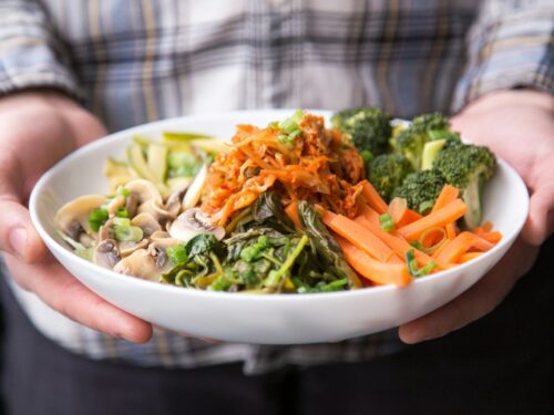 person holding plate with vegetables