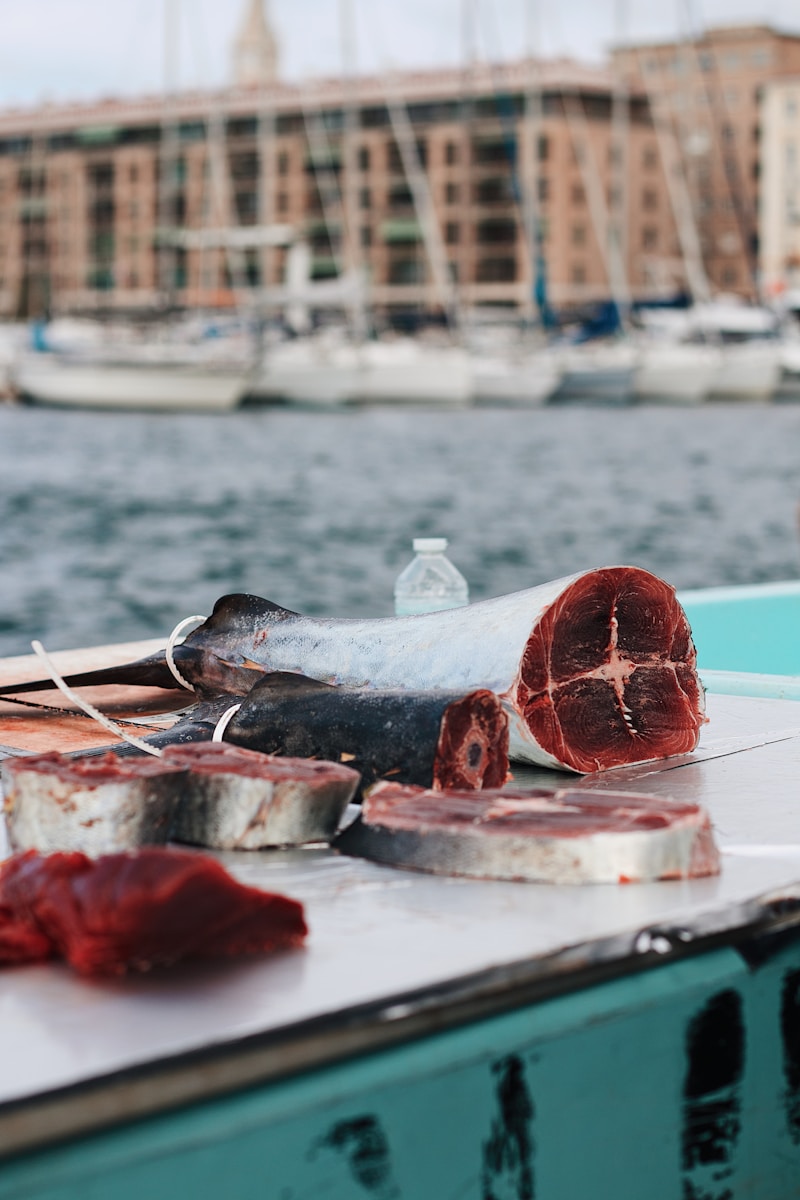 a piece of meat sitting on top of a table next to a body of water