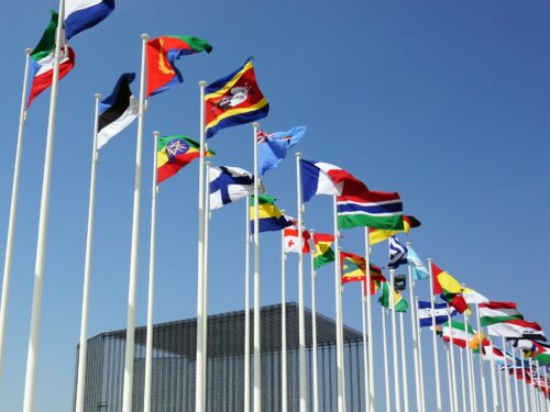 a bunch of flags that are flying in the air