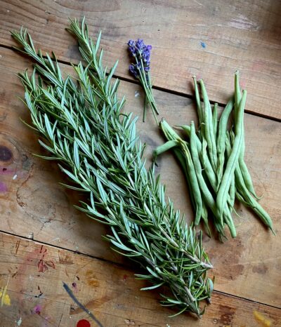 a bunch of herbs sitting on top of a wooden table