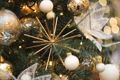 a close up of a christmas tree with ornaments