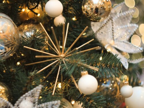 a close up of a christmas tree with ornaments