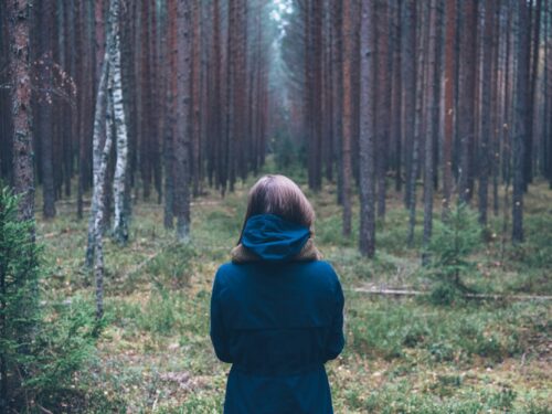 woman in hoodie at forest