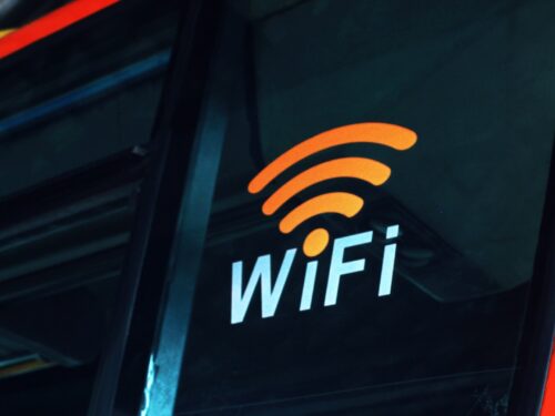 a close up of the wifi logo on the side of a bus