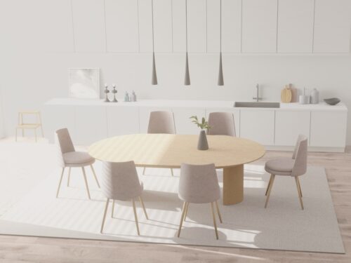 a dining room with a round table surrounded by chairs