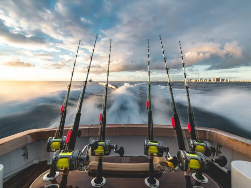 six black-and-yellow fishing rod in boat