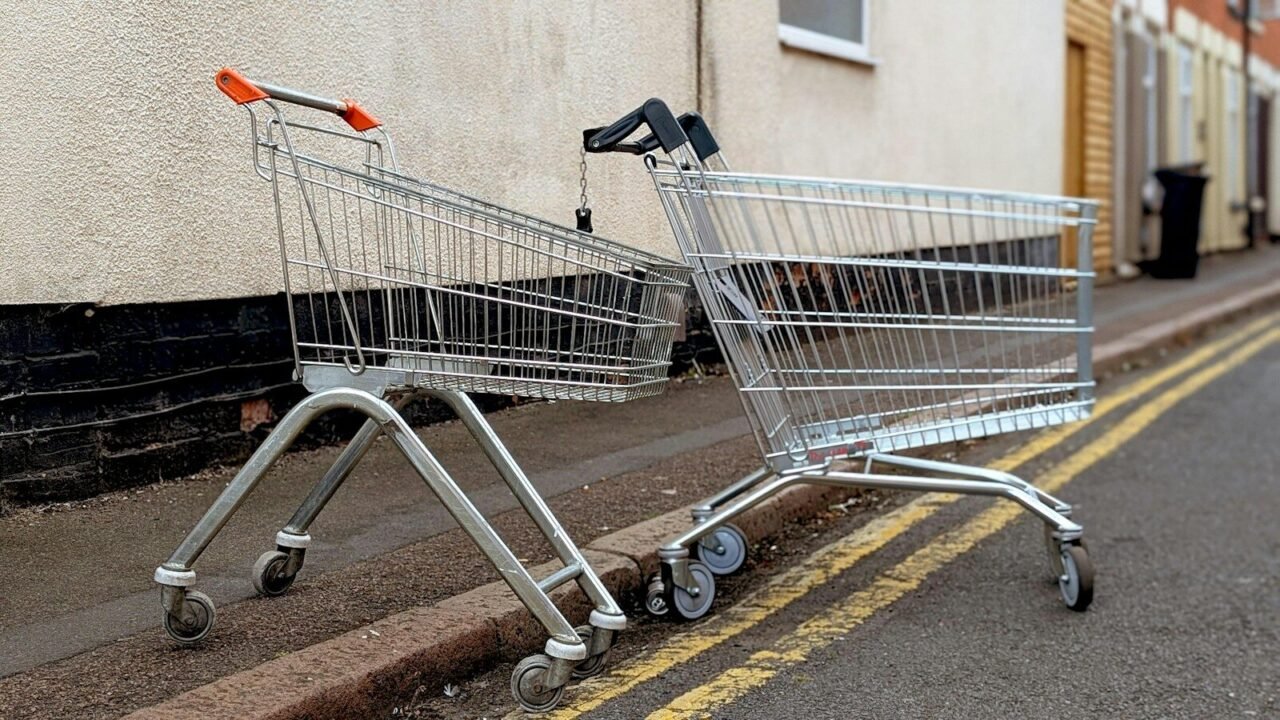 Two shopping carts abandoned on a street